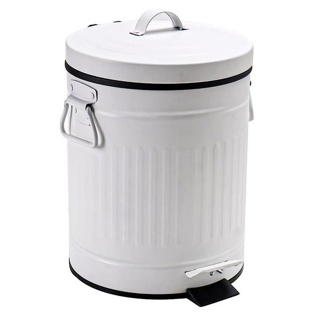 Small Trash Can with Lid-5L/1.3 Gal Stainless Steel Round Step Trash Can-Dog Poop Garbage Can-Retro Vintage Metal Wastebasket w/ Pedal for Outdoors Farmhouse Bathroom Bedroom Office-Soft Close-White