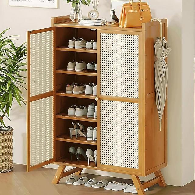 Shoe Storage Cabinet for Entryway, 7 Tier Freestangding Shoe Storage Organizer Cabient with Rattan Door, Shoe Rack Organizer Cabinet for Hallway, Entrance Shoe Rack Shelf Home