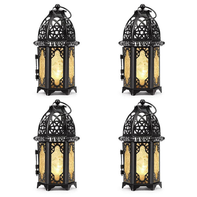 Metal Candle Holder 4PCS Transparent Glass Moroccan Style Hanging Lanterns Creative Wedding Home Tabletop Decoration Birdcage, Black