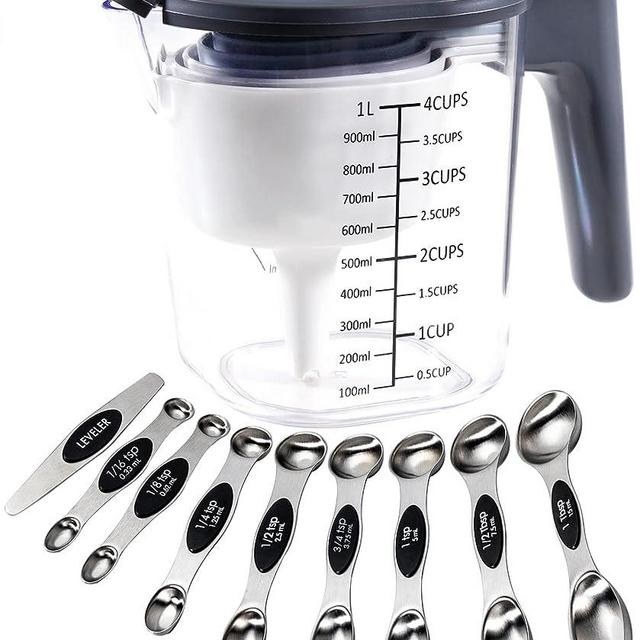 Recogwood 19 Pieces Measuring Cups and Spoons set, Includes 10 Stackable Measuring Cup with Lid and 9 Magnetic Measuring Spoons, Tablespoon for Liquid and Dry, BPA Free, Dishwasher Safe (Black)