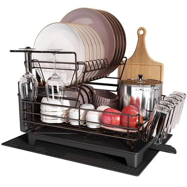 Qienrrae Large Dish Drying Rack, 2 Tier Dish Rack and Drainboard Set, Stainless Steel Dish Drainer for Kitchen Counter with Wine Glass Holder, Utensil Holder, Extra Dish Drying Mat, Bronze