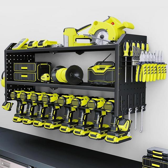 KAFAHOM Power Tool Organizer，Large 8 Drill Holder Wall Mount with 2 Side Pegboards，Heavy Duty Metal Tool Shelf with 12 Hooks，Storage Rack for Garage Organization，Utility Cordless Drill Holder and Battery Shelves - Black
