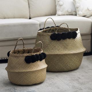 Collapsible 2-Piece Basket Set with Pom Poms