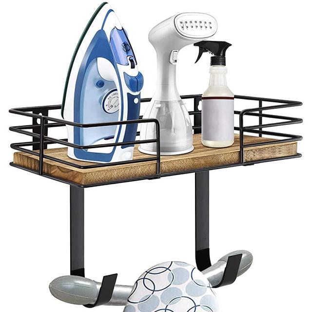 Ironing Board Hanger Wall Mount, Laundry Room Iron and Ironing Board Holder with Storage Shelf, Metal Wall Mount Ironing Board Holder with Large Storage Basket and Removable Hooks for Laundry Room