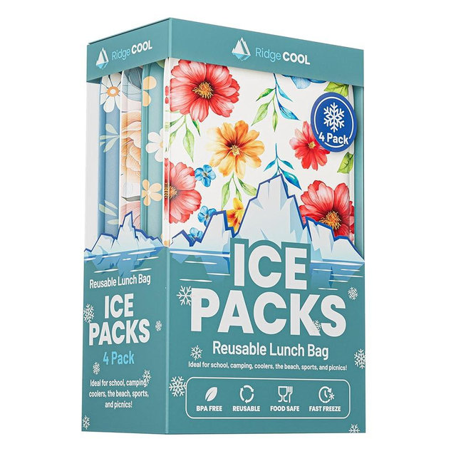 RIDGECOOL Slim Ice Packs for Lunch Boxes and Coolers, 4 Pack Reusable Gel Freezer Packs with Cute Floral Designs, BPA-Free Food Safe Non-Toxic Cold Packs, Long Lasting Ice Packs for Kids, 4.5 x 6 In