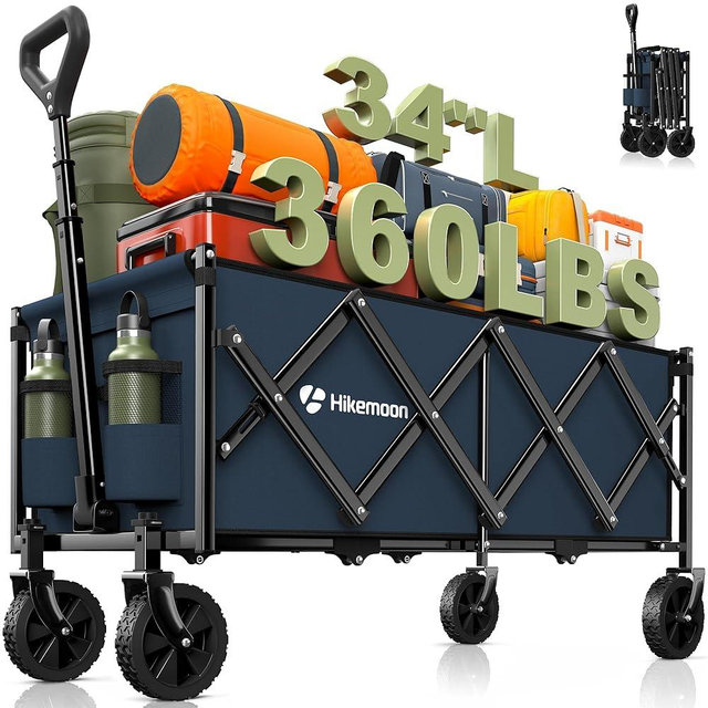Hikemoon 34'' Extra Long Collapsible Wagons Carts Foldable, 360LBS Heavy Duty Folding Beach Wagon with Wheels, Portable Utility Outdoor Cart for Grocery, Garden, Sports, Camping, Blue