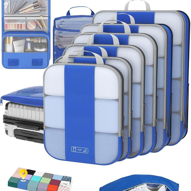 10 Set Compression Packing Cubes for Travel Essentials,Compressible Expandable Packing Cubes for Suitcase,OlarHike Luggage Organizer Bags for Travel,Handy Helper for Organizing Clothes(Klein Blue)