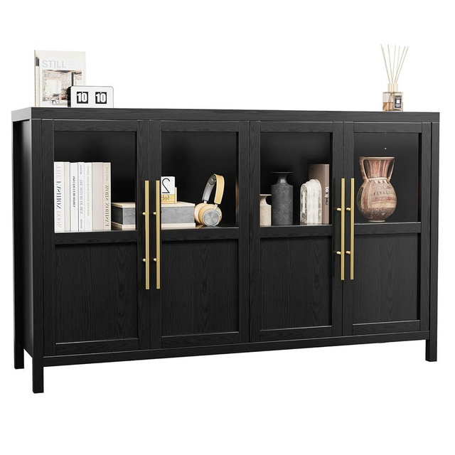 GarveeHome Sideboard Buffet Cabinet with 4 Glass Doors, 55" Large Buffet Cabinet with Storage, Modern Farmhouse Storage Cabinet Table for Kitchen Dining Room, Living Room(Glass with 4 Door, Black)