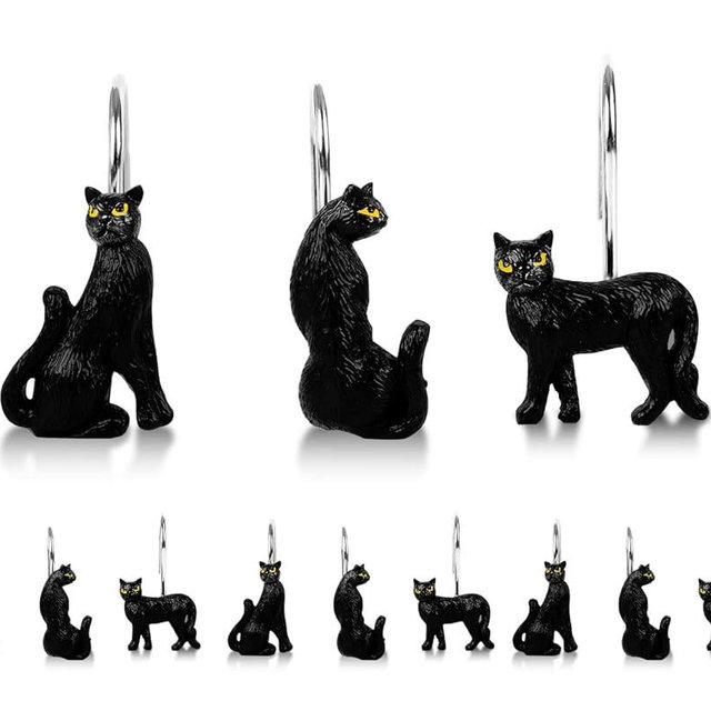 Ruvenis Black Cat Shower Curtain Hooks Set of 12, Hand-Painted Resin Cat Shower Hooks with Rust-Resistant Metal Rings, Decorative Bathroom Accessories