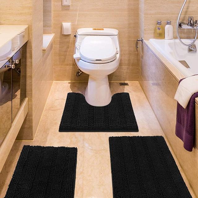 IM Home Striped Black Bathroom Rug Set 3 Pieces Ultra Soft, Non Slip Chenille Bath Carpet, Absorbent Plush Shaggy Bath Mats for Bathroom, Toilet, Bedroom, Kitchen