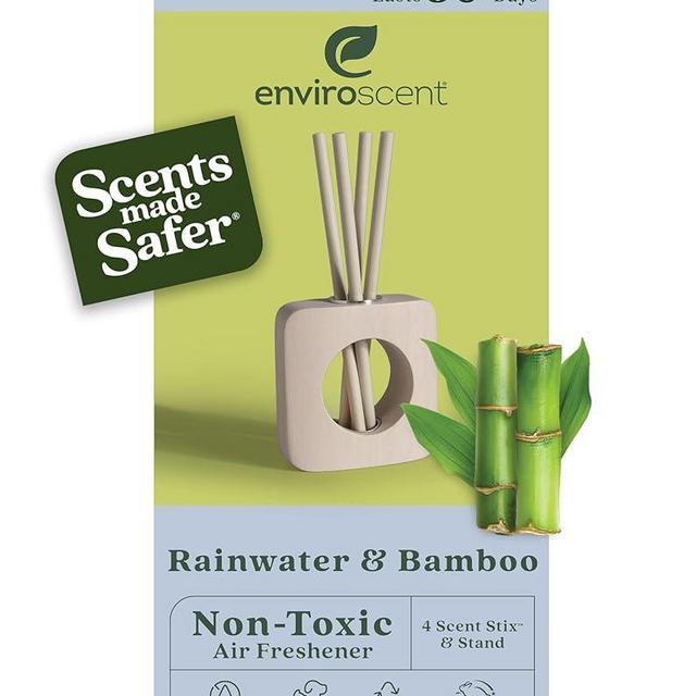 Enviroscent Non-Toxic Air Freshener for Home Essential Oil Diffuser | Fragrance Lasts Over 30 Days | Kit includes 1 Mango Wood Stand & 1 Scent Stix Refill (Rainwater & Bamboo)