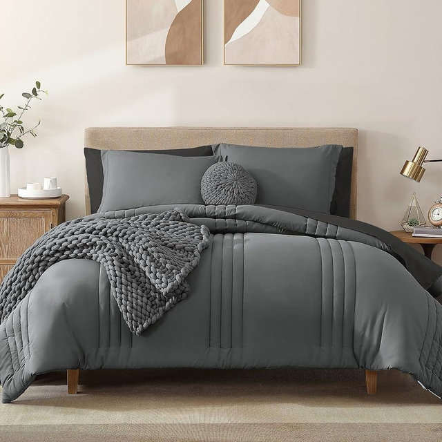 Monbix Comforter King Size, King Comforters Set 7 Piece, Breathable Solid Bedding Sets King with Comforters, Sheets, King Bed in A Bag with Sheets,Pillowcases & Shams (Grey King, 102"x90")