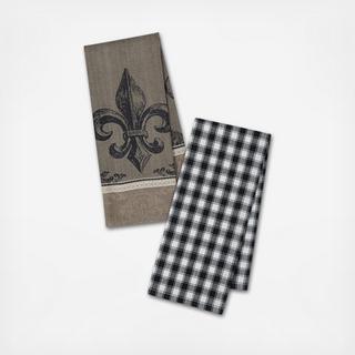 Fleur De Lis & Check Tea Towel, Set of 4