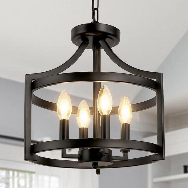 WBinDX Farmhouse Semi Flush Mount Ceiling Light Fixture, 4-Light Rustic Black Chandelier, Convertible Industrial Vintage Cage Pendant Lighting for Kitchen Dining Room Foyer Hallway Entryway