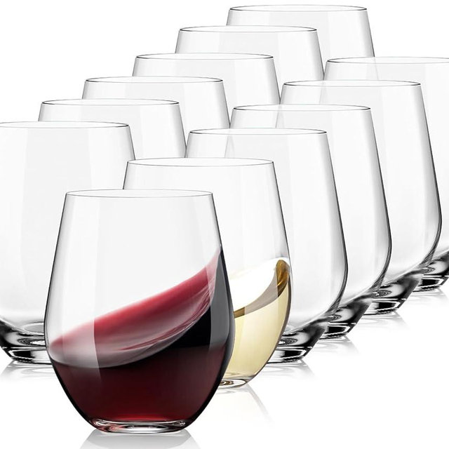 OJA Stemless Wine Glasses Set of 12, 15oz Crystal Red White Wine Glasses, No Stem, Clear, Sturdy Drinking Glass for Daily Use, Birthday, Wedding, Home Party, Anniversary, Father's Day Gift