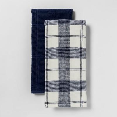 2pk Check With Solid Kitchen Towel Blue - Threshold™