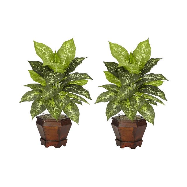 Nearly Natural Dieffenbachia w/Wood Vase Silk Plant, Set of 2