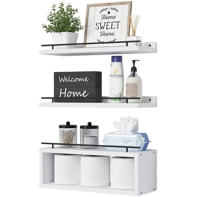 WOPITUES Floating Shelves for Wall with Cube Shelf, Wall Shelves with Metal Rail for Bathroom Decor, Bathroom Organizers and Storage, Over Toilet Bathroom Shelves for Bathroom, Toilet Paper-White