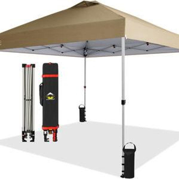 CROWN SHADES 10x10 Pop Up Canopy, Patented Center Lock One Push Tent Canopy, Newly Designed Storage Bag, 8 Stakes, 4 Ropes, Beige