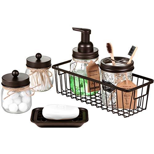 Mason Jar Bathroom Accessories Set(6PCS) - Foaming Soap Dispenser,Toothbrush Holder,Qtip Holder,Apothecary Jars, Soap Dish,Mental Wire Storage Organizer - Rustic Farmhouse Decor Bathroom (Bronze)