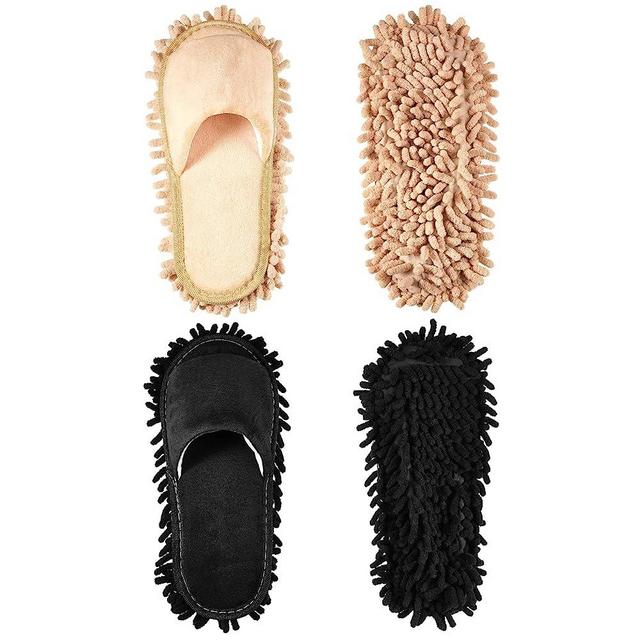 Jecery 2 Pairs Microfiber Dust Cleaning Slipper Men and Women House Mop Slippers Washable Mopping Slippers Unisex Dusting Slippers for Floor Dust Dirt Cleaning Tool Supplies (Black, Beige, Medium)