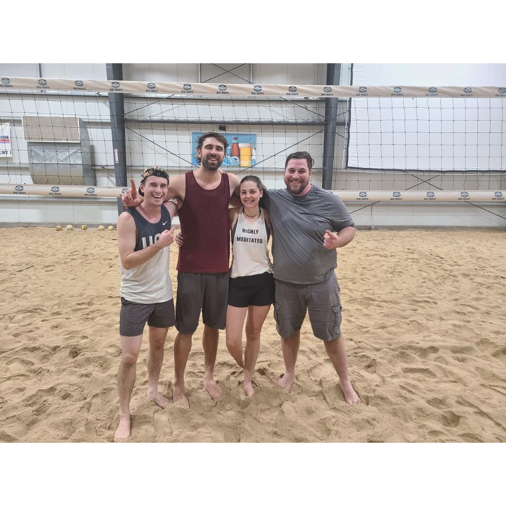 We started playing competitive volleyball together. Our first season we played 4v4 and won the championship. We now play 2v2 together and love having this time together each week!