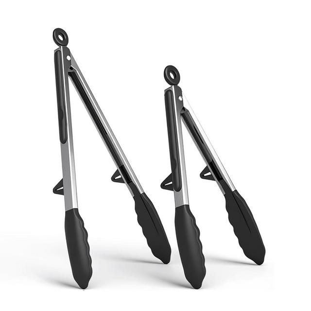 Kitchen Tongs Set of 2 (9” & 12”) – Stainless Steel & Silicone Cooking Tongs with Built-in Stand & Dishwasher Safe – Heat Resistant up to 600°F – Perfect for Grilling, BBQ, Salad & Frying