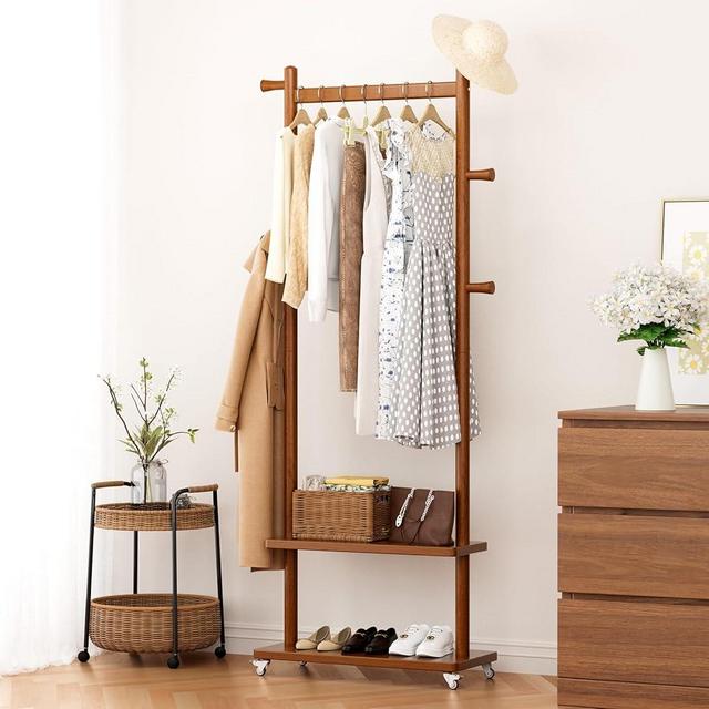 Taitiy Coat Rack Freestanding Clothing Rack with Wheels & 2 Shelves Storage & 5 Hooks Heavy Duty Clothes Rack Wood Coat Tree Stand Hat Hanger Rack for Corner Bedroom Entryway Living Room Hotel Size L