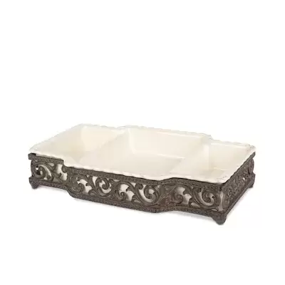 The GG Collection Cream Stoneware 3-part Server in Metal Acanthus Leaf Base