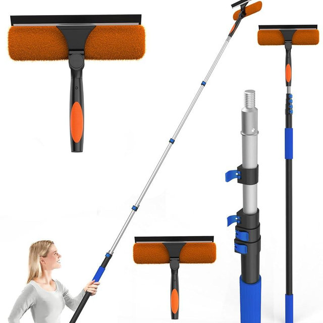 SKGPOLE Squeegee for Window Cleaning Kit with 5-19 Foot Telescoping Extension Pole (26+ Foot Reach), 2 in 1 Window Squeegee, Aluminum Telescopic Extension Pole for Window, Car, Shower Glass Door