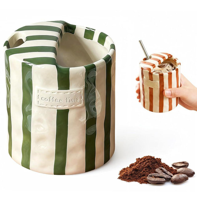 Shelprojsu 10oz Ceramic Coffee Mug,Retro Striped Coffee Cups,with Sip hole Espresso Ceramic Cup,novelty Hand-Painted Striped Travel Mugs-ideal Gift for Coffee Lovers(Green)