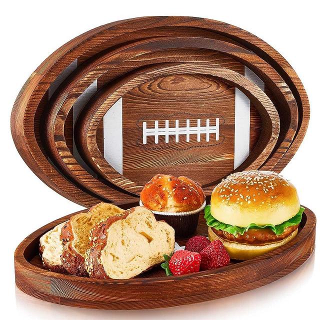 Geetery 3 Pcs Football Serving Trays Wooden Shaped Football Plates Football Serveware Tailgate Party Serving Platter for Game Party Decorations, 13'', 11'', 8.7''