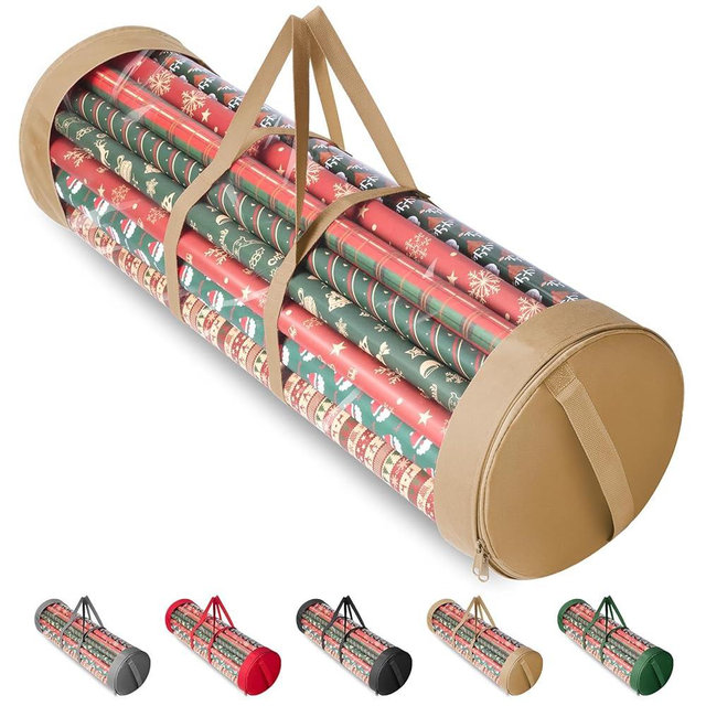 BALEINE Christmas Wrapping Paper Organizer Storage, 41" Gift Wrapping Paper Storage Containers, Clear PVC with Durable 600D Oxford Fabric Gift Wrap Paper Holder Fits 18-25 Rolls, Golden