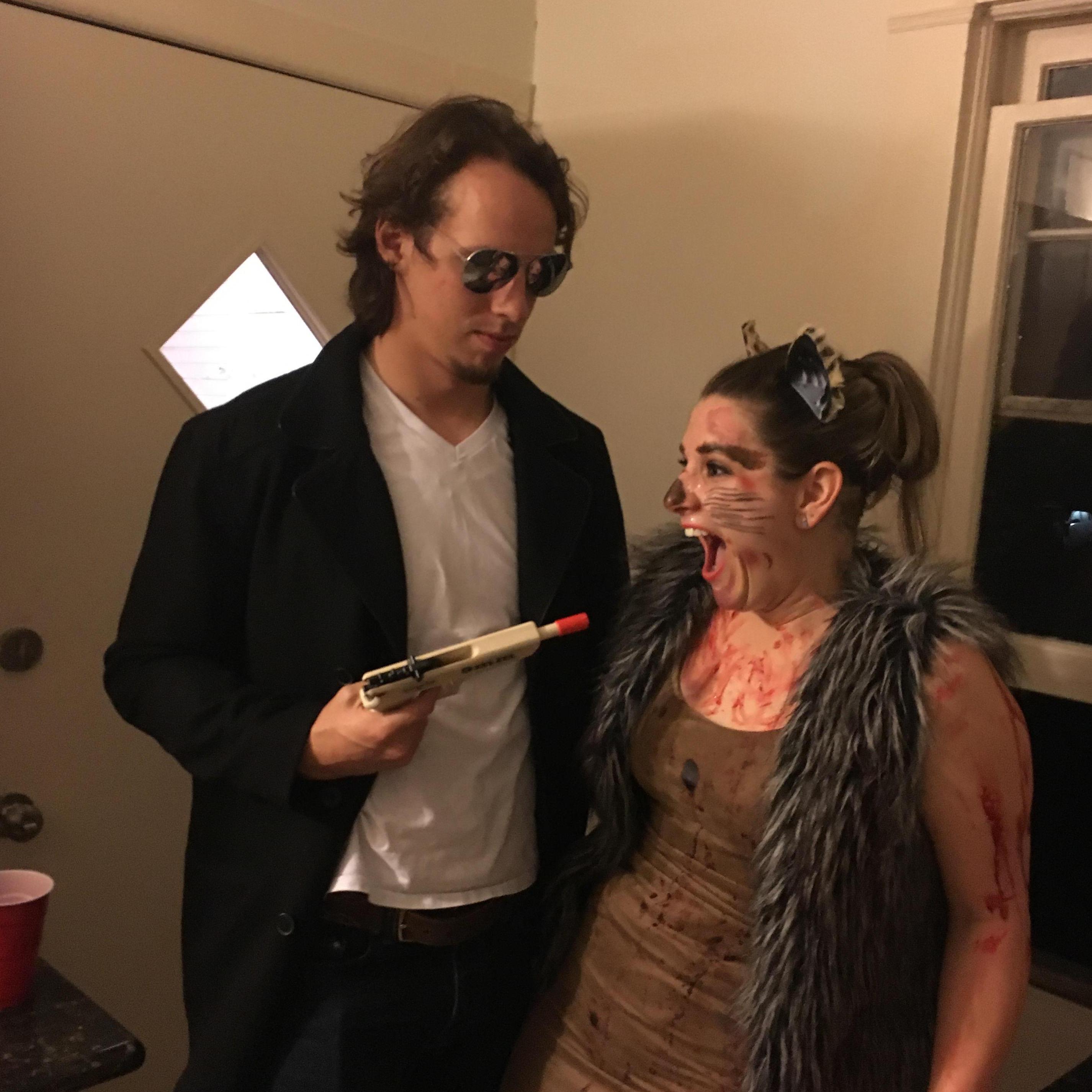 Our first Halloween. Our costumes are Boondock Saints themed; Mitch is Rocco and Katie is the cat he shoots.