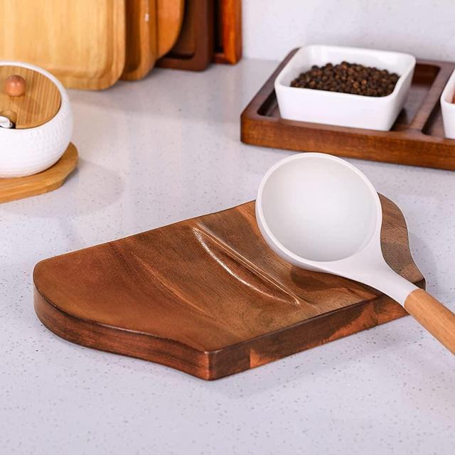 Acacia Wood Spoon Rest for Stove Top,Double Spoon Holder kitchen Counter Cooking Spoon Rests,Heat-Resistant Handmade Spatula Rest with Non Slip Silicone Feet and Dish Towels & sticky hook for Spoons