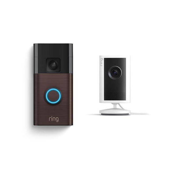 Ring Indoor Cam Plus, Plug-In (Newest Model), White with Battery Doorbell, Venetian Bronze