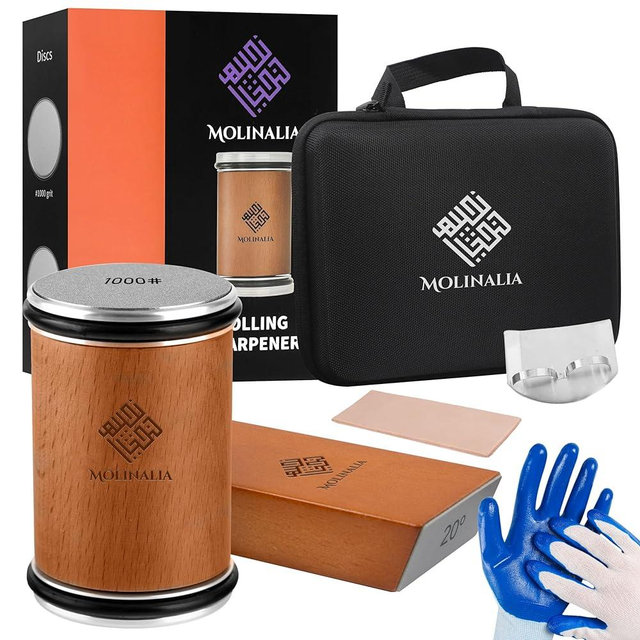 MOLINALIA Multi Angle Rolling Knife Sharpener Tool w/Diamond & Ceramic Discs #1000/#3000, Knife Sharpening Kit having Finger Guard, Gloves & Travel Bag