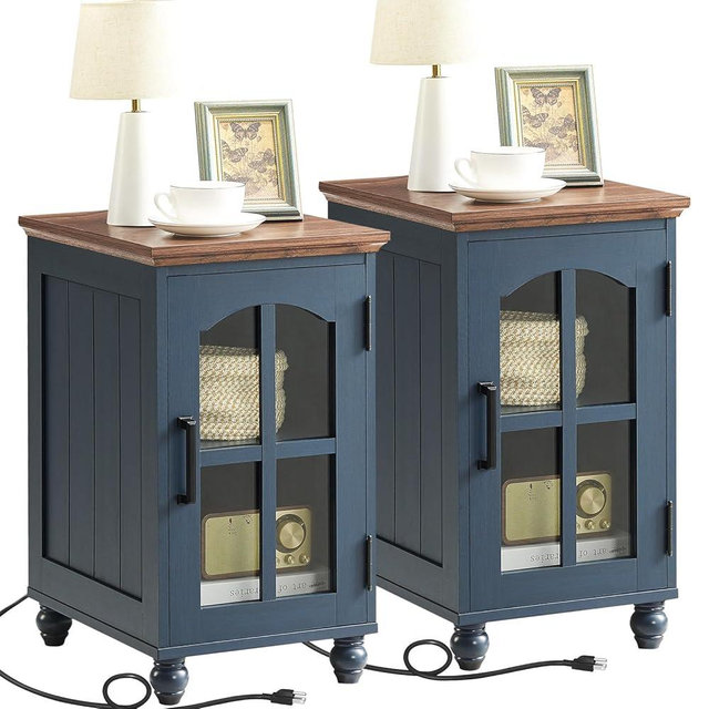 Narrow Side Table Set of 2,Farmhouse Nightstand with Charging Station,End Table with Glass Barn Door Storage, Cabinet Organizer with Adjustable Shelf, Night Stand for Small Spaces Living Room Bedroom