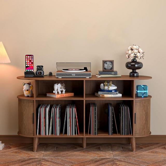 LUVIOHOME Large Round Record Player Stand with Charging Station & USB Ports，Record Storage Cabinet, Mid Century Modern Turntable Stand for Bedroom Living Room (Walnut)