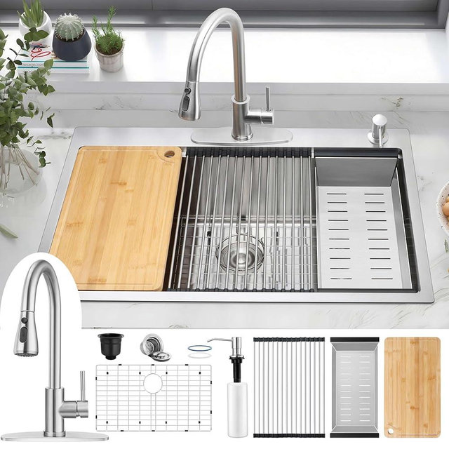 Herogo 33x22Inch Drop In Kitchen Sink, 18/10 Stainless Steel Topmount Handmade 10'' Deep Single Bowl Kitchen Workstaion Sink with 5 Accessories