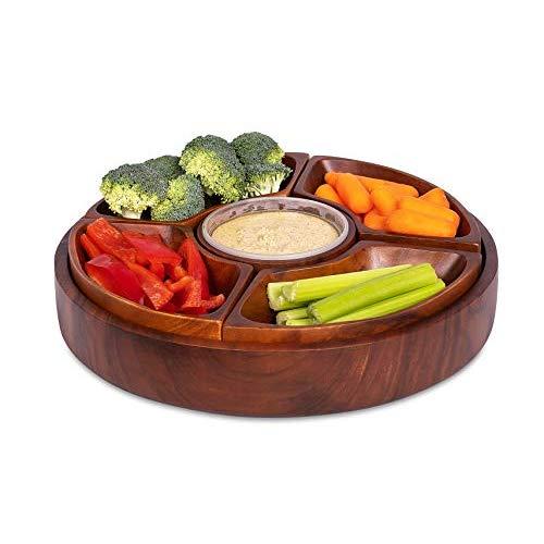 BirdRock Home Chip and Dip Severing Bowl Set - 6 Section Detachable Acacia Wood Platter and Tray - Great for Veggies, Cheese Dip, Salsa and Hummus - Parities and events Serveware Set