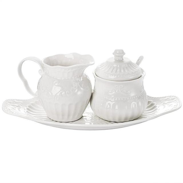 TOPZEA Set of 3 Porcelain Creamer and Sugar, Ceramic Cream and Sugar Bowl Set with Spoon & Lid, Vintage Cream Pitcher Sugar Jar with Tray, Creamer Dispenser Sugar Holder Container, Coffee Serving Set