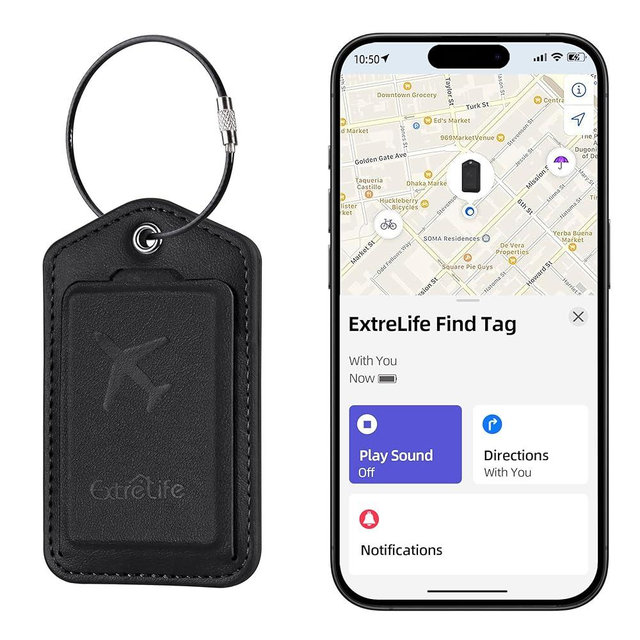 Luggage Tags, Works with Apple Find My, Leather Luggage Tag for Suitcases, Travel Tags, Bag Tag for Backpacks, Suitcase Tag with Privacy Flap, Anti-Lost Smart Luggage Tracker, Travel Essentials, Black