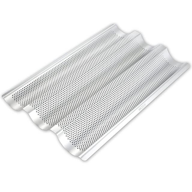 AYCCNH Stainless Steel French Baguette Bread Pan, Non-Toxic Perforated Loaf Pans for Baking 15"x10", 3 Waves Toaster Oven Baking Tray (1 Pack)