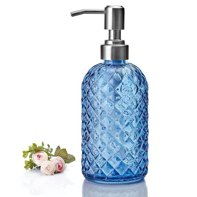 Aywaiw 12oz Kitchen Glass Soap Bottle, Bathroom Soap Dispenser, 304 Rustproof Stainless Steel Pump, Refillable Liquid Glass Soap Dispenser Blue