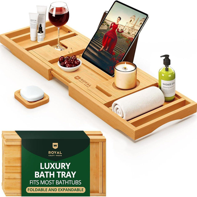 Expandable Bamboo Bathtub Tray – Natural Spa Caddy