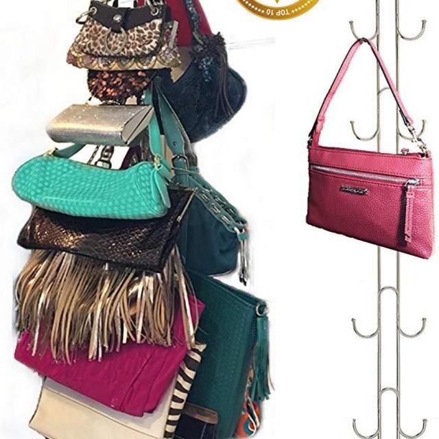 Over Door Hanging Purse Storage Organizer - Purse Hanger for Closet HEAVY DUTY CHROME, Holds 50lbs, ROTATES 360 for easy access; Purses, Handbags, Crossovers, Backpacks,12 Hooks