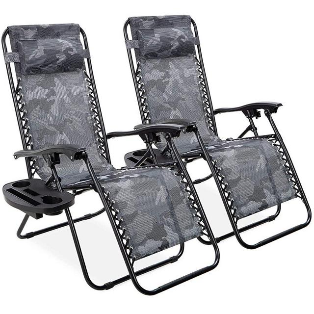 Best Choice Products Set of 2 Adjustable Steel Mesh Zero Gravity Lounge Chair Recliners w/Pillows and Cup Holder Trays, Camoflage