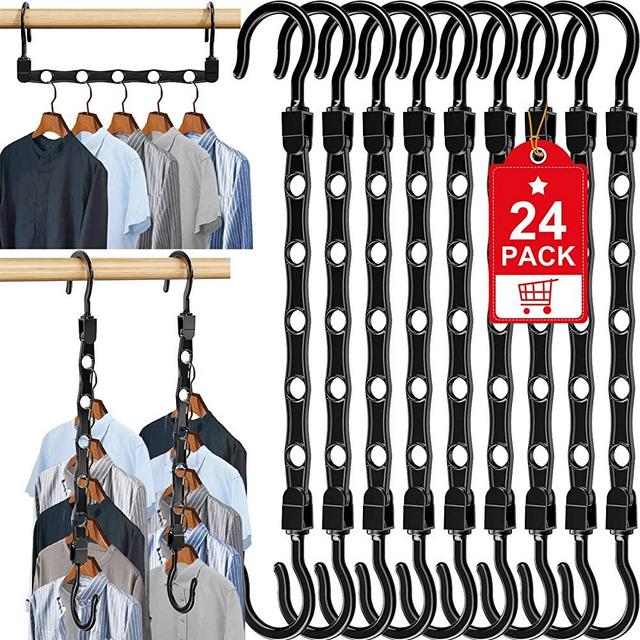 24 Pack Hangers Space Saving Magic Sturdy Closet Hangers Space Saver Closet Organizers and Storage Smart Plastic Clothes Hanger Organizer for Wardrobe Apartment College Dorm Room Essentials, Black