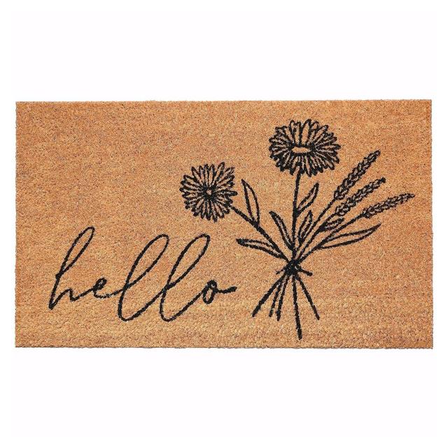 HomeRoots 24" X 36" Natural and Black Coir Floral Hello Outdoor Door Mat